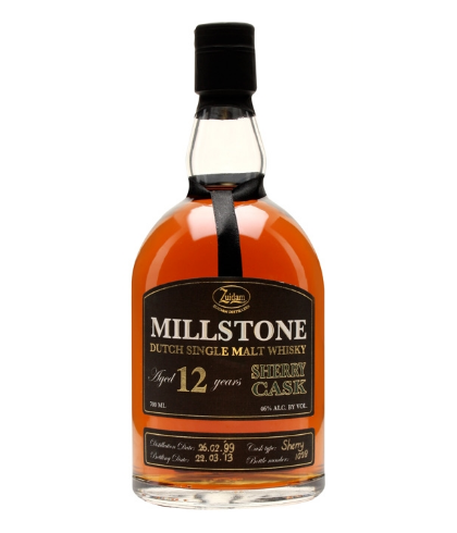 Fles Millstone 12 Years Old Sherry Cask, Nederlandse whisky van Zuidam Distillers, op voorraad bij slijterij t Bockje in Bathmen