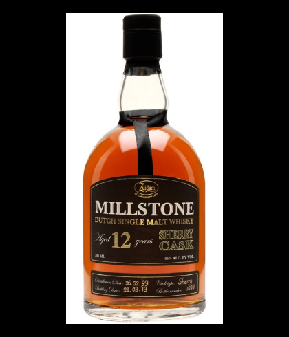 Fles Millstone 12 Years Old Sherry Cask, Nederlandse whisky van Zuidam Distillers, op voorraad bij slijterij t Bockje in Bathmen