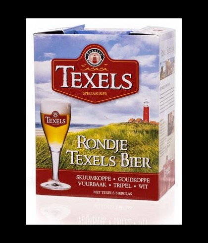 Texels rondje geschenkverpakking met vijf flesjes en een glas, bij slijterij t Bockje in Bathmen