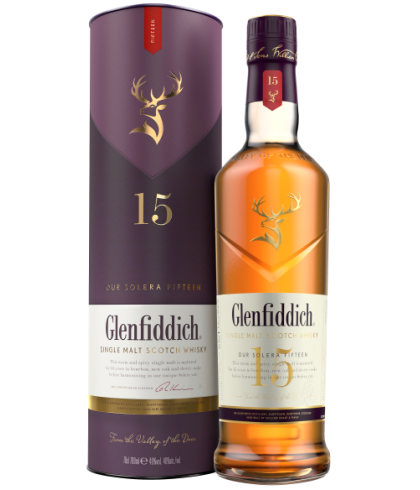 Fles Glenfiddich 15 Years Old Solera, single malt whisky, op voorraad bij slijterij t Bockje in Bathmen