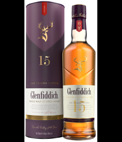 Fles Glenfiddich 15 Years Old Solera, single malt whisky, op voorraad bij slijterij t Bockje in Bathmen