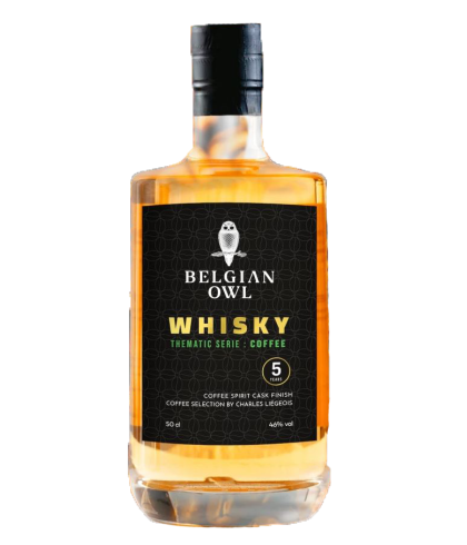 Fles Belgian Owl 5 Years Old Coffee Finish, single malt whisky, op voorraad bij slijterij t Bockje in Bathmen