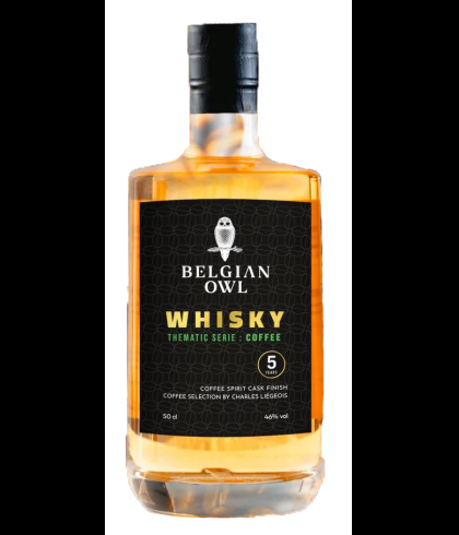 Fles Belgian Owl 5 Years Old Coffee Finish, single malt whisky, op voorraad bij slijterij t Bockje in Bathmen