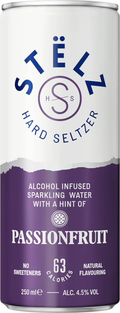 Pre-mix Stëlz Hard Seltzer Passionfruit van Stëlz, op voorraad bij slijterij ’t Bockje in Bathmen