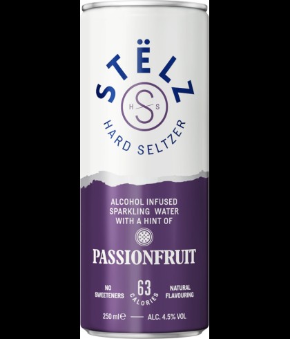Stëlz Hard Seltzer Passionfruit, op voorraad bij slijterij t Bockje in Bathmen