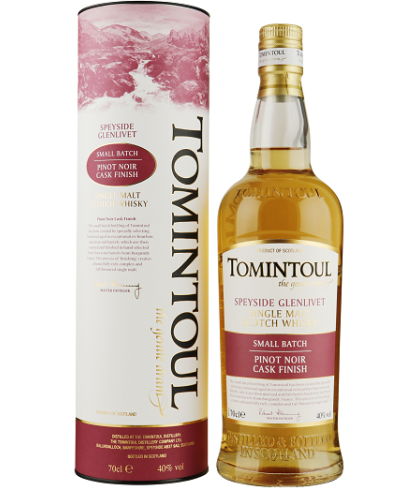 Fles Tomintoul Pinot Noir Cask Finish, Speyside single malt whisky, op voorraad bij slijterij t Bockje in Bathmen