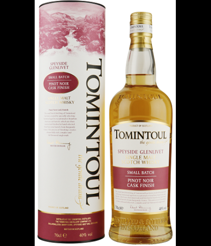 Fles Tomintoul Pinot Noir Cask Finish, Speyside single malt whisky, op voorraad bij slijterij t Bockje in Bathmen