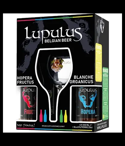 Lupulus giftpack met vier flessen en een glas, op voorraad bij slijterij t Bockje in Bathmen