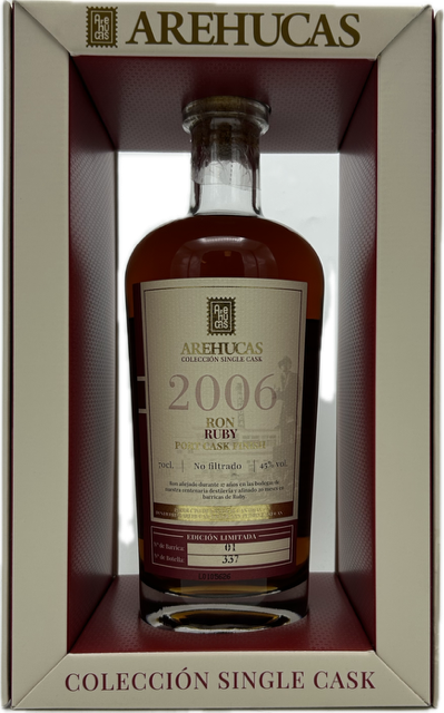 Fles Ron Arehucas Rum Ruby Port Single Cask 2006, rum, bij slijterij ’t Bockje in Bathmen