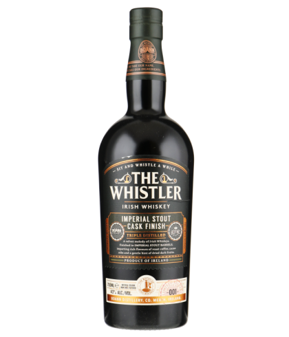 Fles The Whistler Imperial Stout Cask Finish, Ierse whiskey van Boann in de Boyne Valley, op voorraad bij slijterij t Bockje in Bathmen