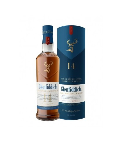 Fles Glenfiddich 14 Years Old Bourbon Barrel Reserve, single malt whisky, op voorraad bij slijterij t Bockje in Bathmen