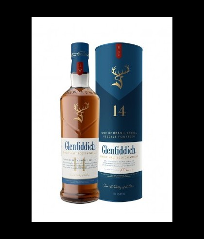 Fles Glenfiddich 14 Years Old Bourbon Barrel Reserve, single malt whisky, op voorraad bij slijterij t Bockje in Bathmen