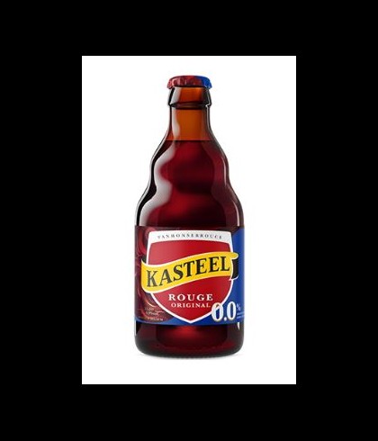 Flesje Kasteel Rouge 0.0 van 33 centiliter, alcoholvrij robijnrood speciaalbier van Kasteel Brouwerij Vanhonsebrouck, bij slijterij t Bockje in Bathmen