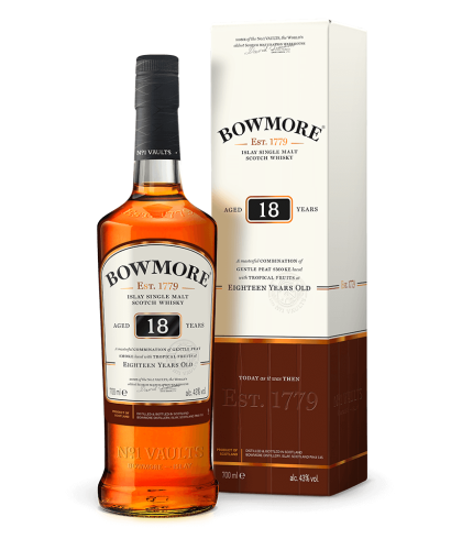 Fles Bowmore 18 Years Old, single malt whisky, op voorraad bij slijterij t Bockje in Bathmen