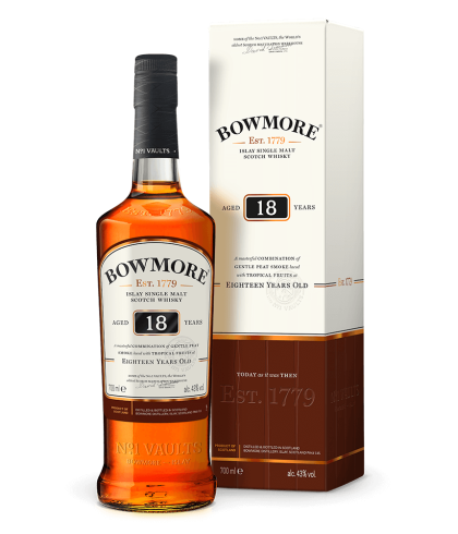 Fles Bowmore 18 Years Old, single malt whisky, op voorraad bij slijterij t Bockje in Bathmen