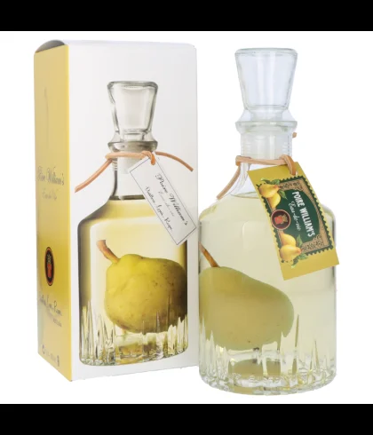 Fles Maison Louis Roque Poire William’s Prisonnière en Caraffe, eau de vie van peer met een hele peer in de fles, op voorraad bij slijterij t Bockje in Bathmen