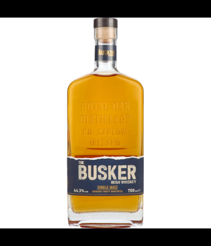 Fles The Busker Single Malt tweede botteling, Ierse whiskey van Royal Oak in County Carlow, op voorraad bij slijterij t Bockje in Bathmen