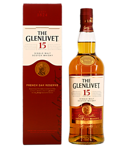 Fles The Glenlivet 15 Years Old, single malt whisky, op voorraad bij slijterij t Bockje in Bathmen