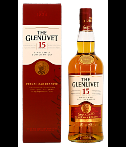 Fles The Glenlivet 15 Years Old, single malt whisky, op voorraad bij slijterij t Bockje in Bathmen