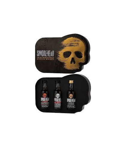 Fles Smokehead giftbox met 3 flesjes, geturfde Islay single malt, op voorraad bij slijterij t Bockje in Bathmen