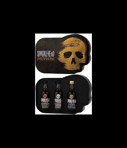 Fles Smokehead giftbox met 3 flesjes, geturfde Islay single malt, op voorraad bij slijterij t Bockje in Bathmen