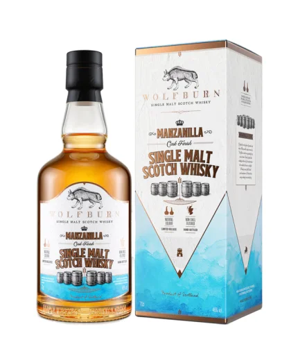 Fles Wolfburn Manzanilla Cask Finish, Schotse single malt whisky uit Thurso, op voorraad bij slijterij t Bockje in Bathmen