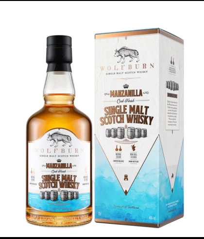 Fles Wolfburn Manzanilla Cask Finish, Schotse single malt whisky uit Thurso, op voorraad bij slijterij t Bockje in Bathmen