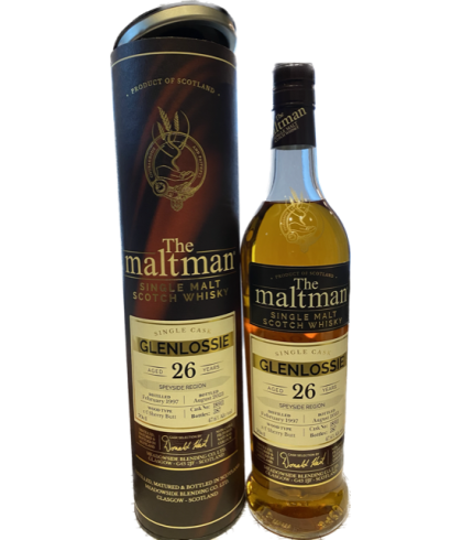 Fles The Maltman Glenlossie 1997 26 Years Old, enkel vat gebotteld door The Maltman uit Glasgow, op voorraad bij slijterij t Bockje in Bathmen
