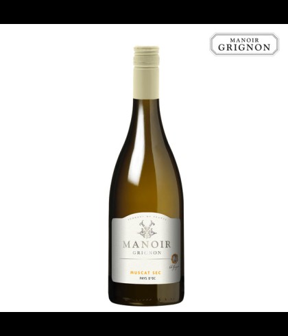 Fles Manoir Grignon Muscat Sec, wijn, op voorraad bij slijterij t Bockje in Bathmen