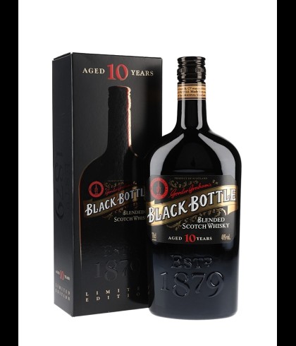 Fles Black Bottle 10 Years Old, single malt whisky, op voorraad bij slijterij t Bockje in Bathmen