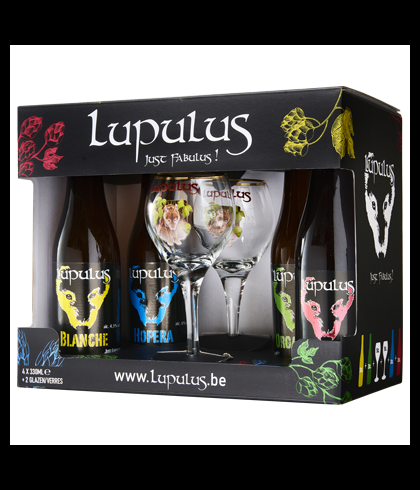 Lupulus giftpack met vier flessen en twee glazen, op voorraad bij slijterij t Bockje in Bathmen