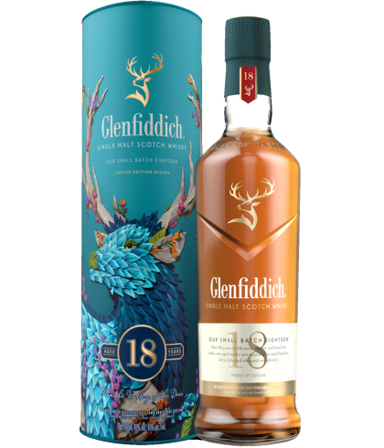 Fles Glenfiddich 18 Years Old Design Raku Inoue, single malt whisky, op voorraad bij slijterij t Bockje in Bathmen