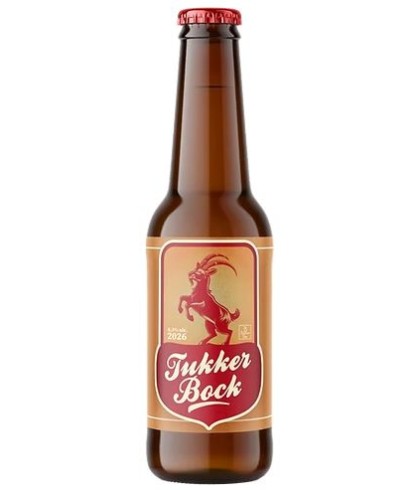 Fles Tukker Bock, bier, bij slijterij t Bockje in Bathmen