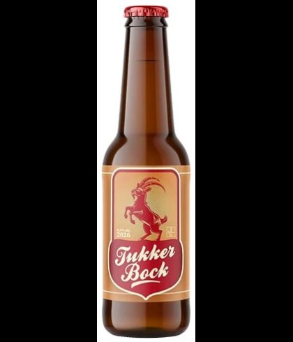 Fles Tukker Bock, bier, bij slijterij t Bockje in Bathmen