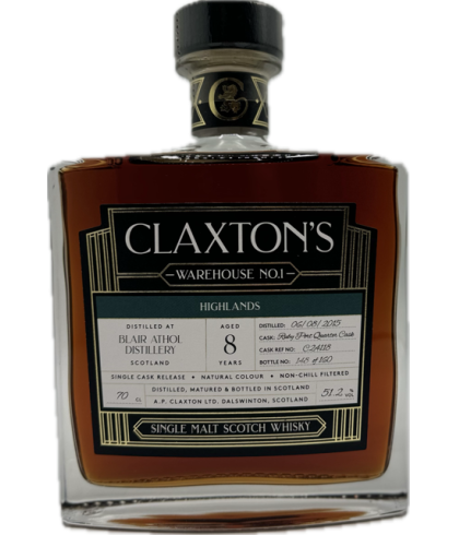 Fles Claxton’s Warehouse No.1 Blair Athol 2015 8 Years Old, single malt whisky, op voorraad bij slijterij t Bockje in Bathmen