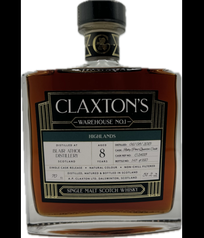 Fles Claxton&rsquo;s Warehouse No.1 Blair Athol 2015 8 Years Old, single malt whisky, op voorraad bij slijterij t Bockje in Bathmen