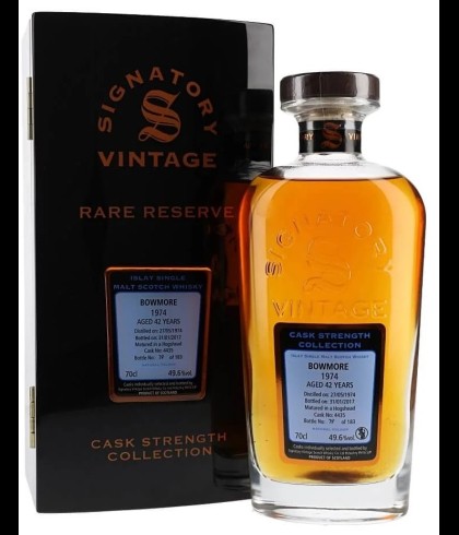 Fles Signatory Vintage Rare Reserve Bowmore 42Y 1974 #4435, enkel vat gebotteld door Signatory Vintage, op voorraad bij slijterij t Bockje in Bathmen