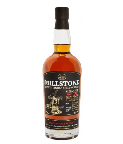 Fles Millstone Peated PX Sherry Cask, Nederlandse whisky van Zuidam Distillers, op voorraad bij slijterij t Bockje in Bathmen