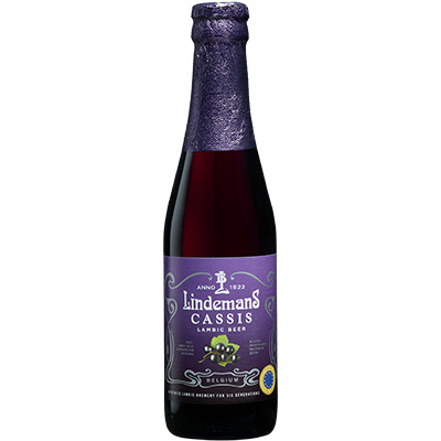 Fles Lindemans Cassis Fruitbier, bier van Lindemans, op voorraad bij slijterij ’t Bockje in Bathmen