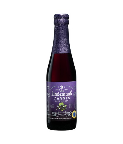 Fles Lindemans Cassis Fruitbier, bier van Lindemans, bij slijterij t Bockje in Bathmen