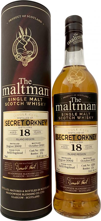 Fles The Maltman Secret Orkney 18 Years Old 2002, enkel vat gebotteld door The Maltman uit Glasgow, op voorraad bij slijterij t Bockje in Bathmen