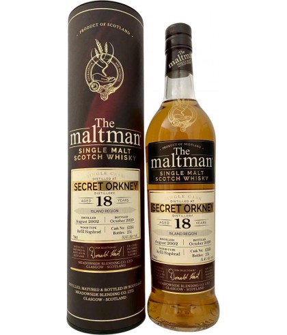 Fles The Maltman Secret Orkney 18 Years Old 2002, enkel vat gebotteld door The Maltman uit Glasgow, op voorraad bij slijterij t Bockje in Bathmen