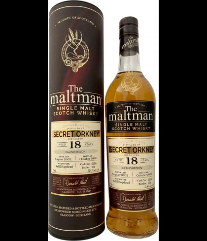 Fles The Maltman Secret Orkney 18 Years Old 2002, enkel vat gebotteld door The Maltman uit Glasgow, op voorraad bij slijterij t Bockje in Bathmen