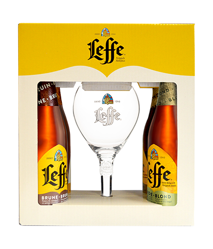 Fles Leffe giftpack 4 flessen + glas, bier van Leffe, bij slijterij t Bockje in Bathmen