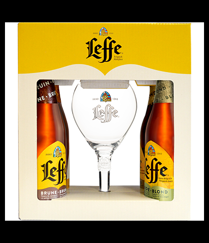 Fles Leffe giftpack 4 flessen + glas, bier van Leffe, bij slijterij t Bockje in Bathmen