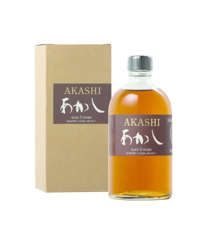 Fles Akashi Single Malt 5 Years Old Sherry Cask, Japanse whisky van de White Oak-distilleerderij, op voorraad bij slijterij t Bockje in Bathmen