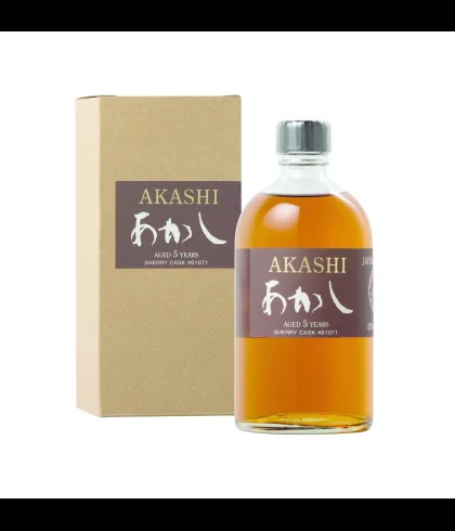 Fles Akashi Single Malt 5 Years Old Sherry Cask, Japanse whisky van de White Oak-distilleerderij, op voorraad bij slijterij t Bockje in Bathmen