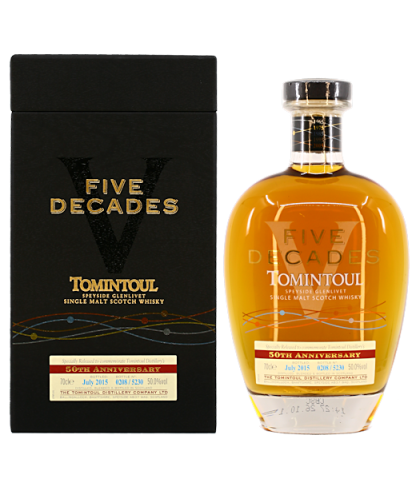 Fles Tomintoul Five Decades Speyside Single Malt Whisky, whisky, bij slijterij ’t Bockje in Bathmen