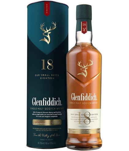 Fles Glenfiddich 18 Years Old Small Batch, single malt whisky, op voorraad bij slijterij t Bockje in Bathmen