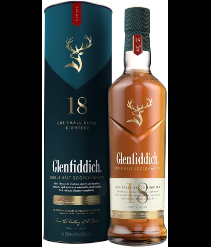 Fles Glenfiddich 18 Years Old Small Batch, single malt whisky, op voorraad bij slijterij t Bockje in Bathmen